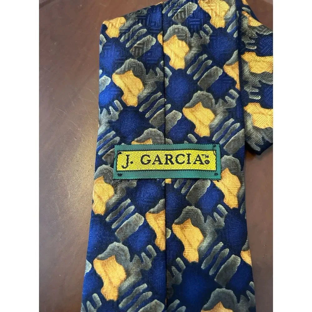 J Garcia Men's Blue Yellow Gray 100% Silk‎ Tie Geometric Necktie